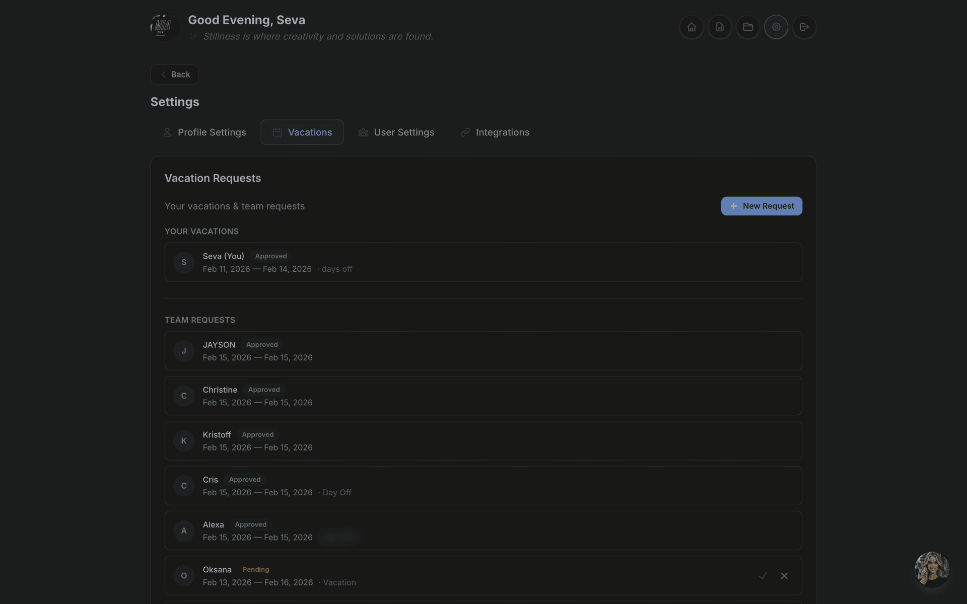 Settings and vacation management